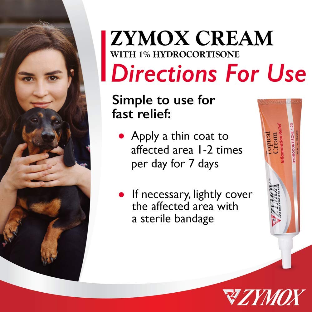 Zymox cream applied near a dog face showing gentle calming effect