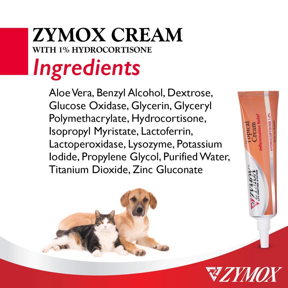 Zymox label detail close‑up highlighting 1% hydrocortisone benefit