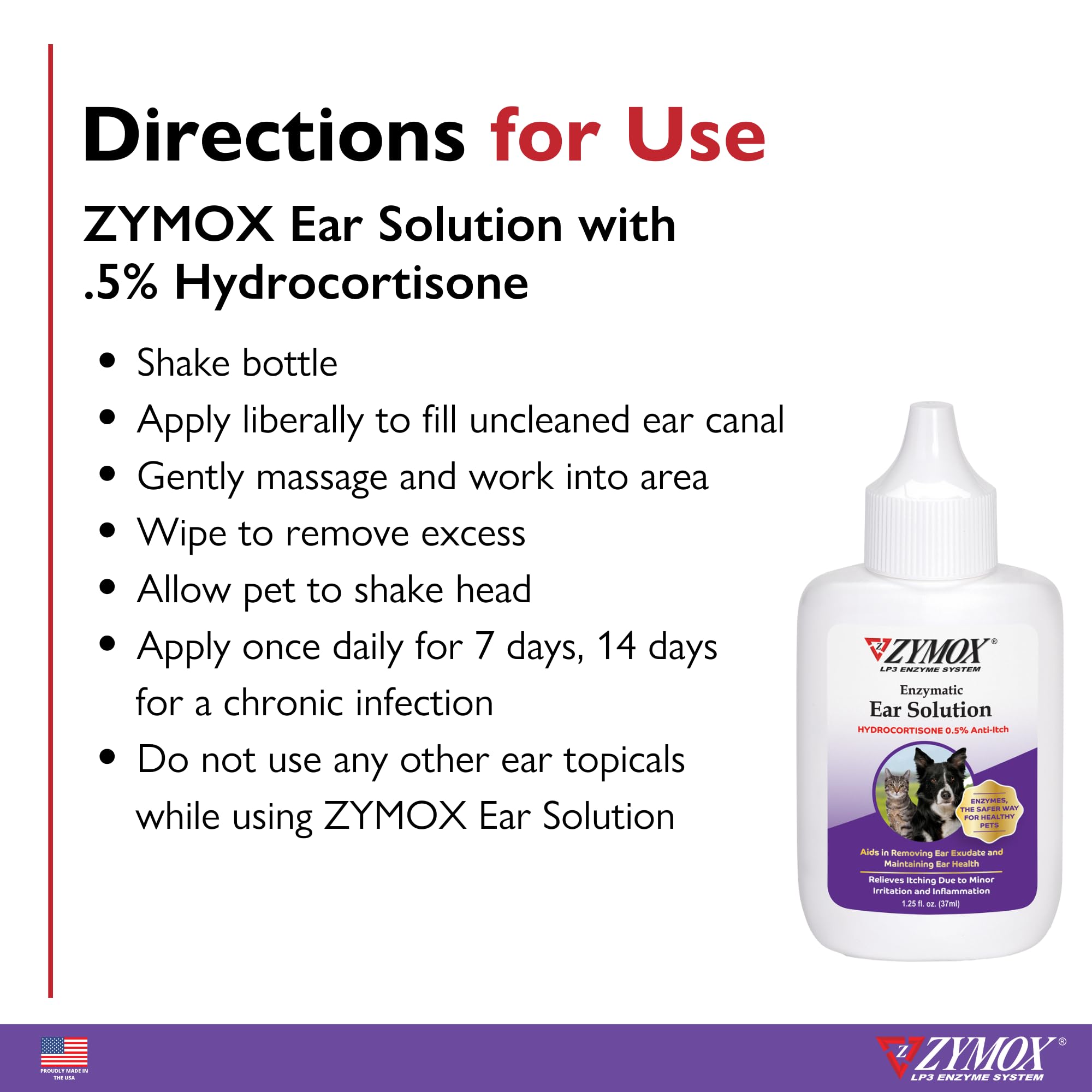 Zymox label close-up showing hydrocortisone concentration and usage guidance