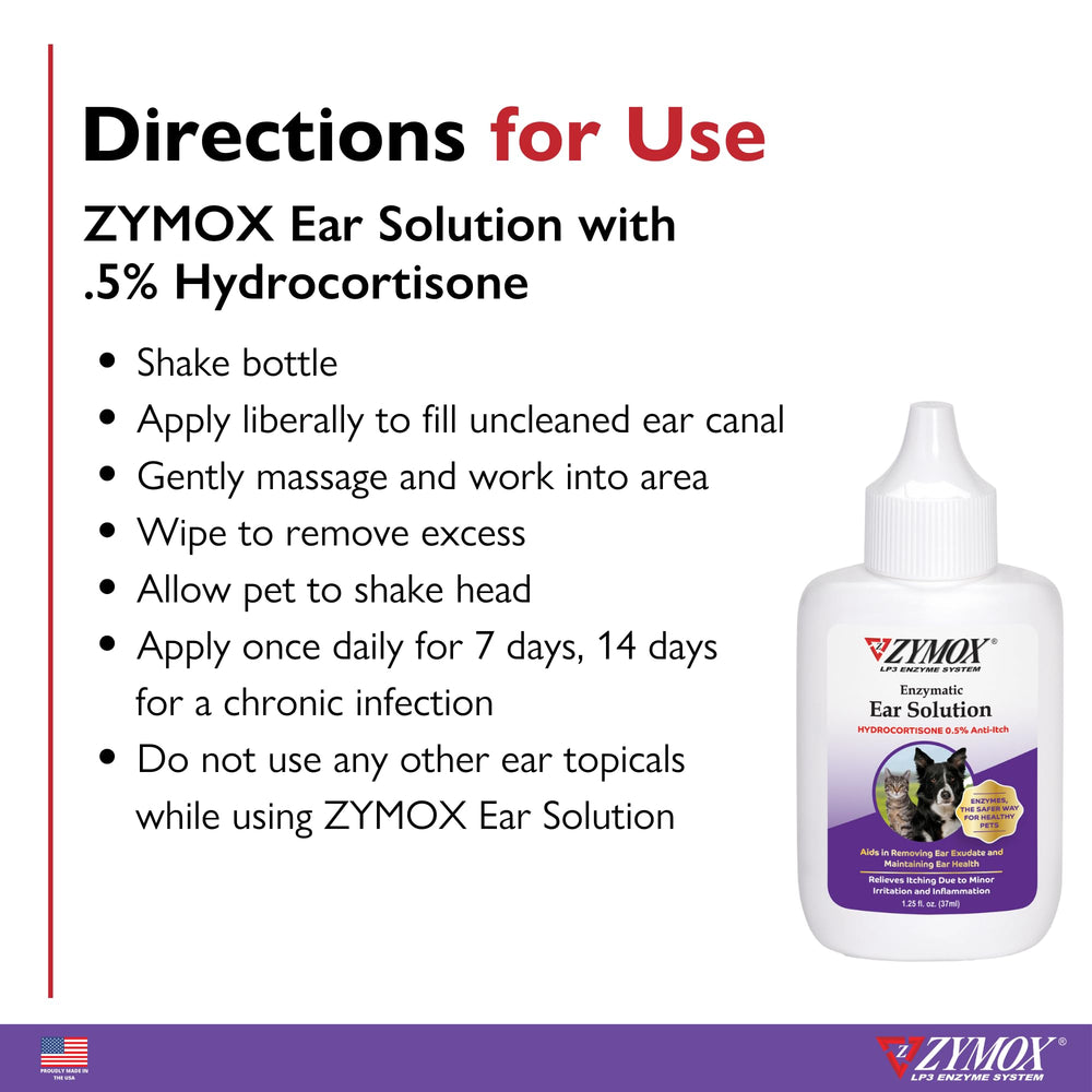 Zymox label close-up showing hydrocortisone concentration and usage guidance